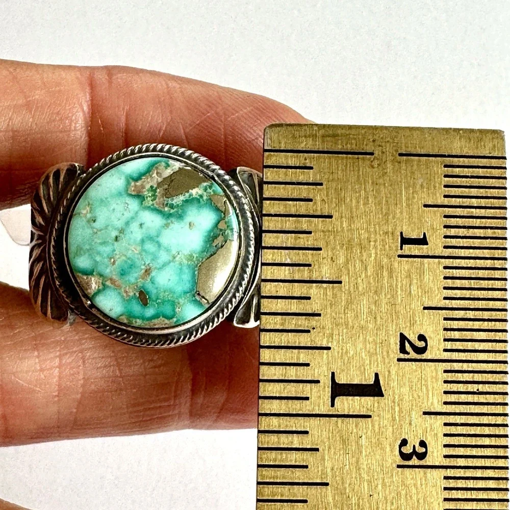 Navajo Turquoise Mens Ring Fox‎ w Pyrite 12 Signed Tillie Jon Sterling Wide Band